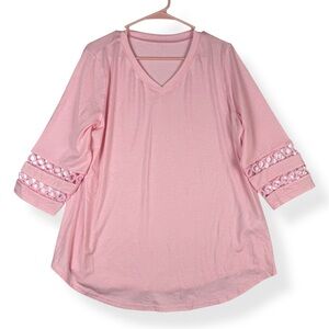 Pink‎ V-Neck 3/4 Sleeve Eyelet Lace Insert Knit Top M1T499 Size L